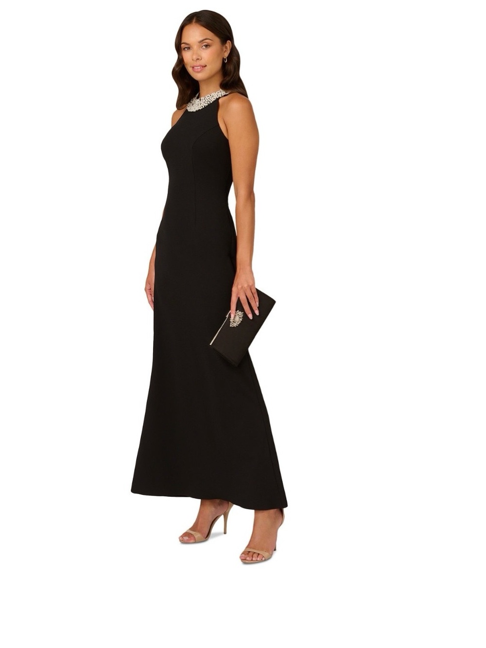 Adrianna Papell Black Maxi Gown with Jeweled Collar